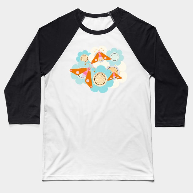 Orange and pink butterflies over blue flowers Baseball T-Shirt by marufemia